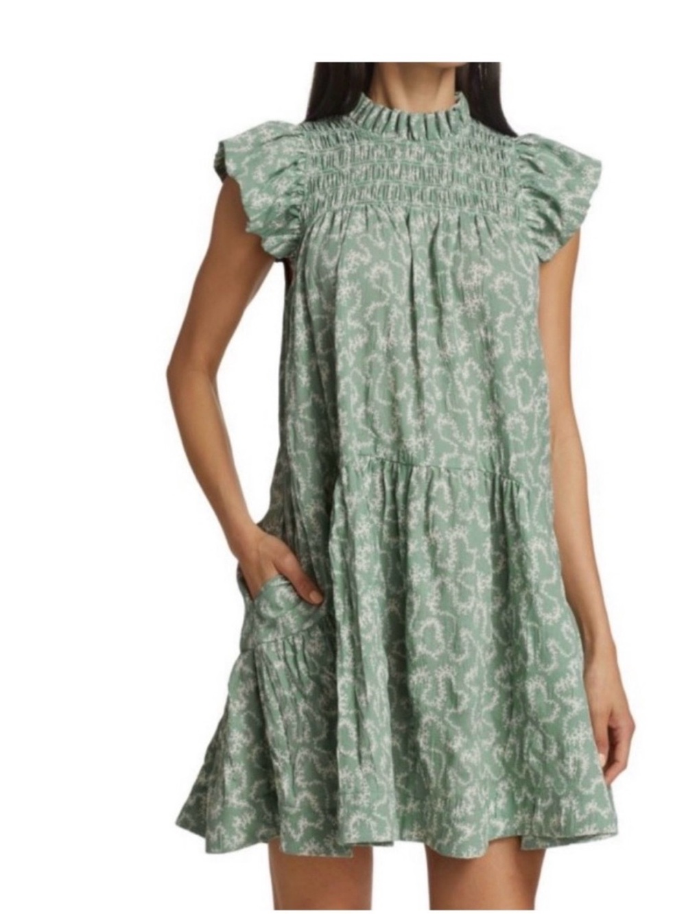 Sea NY Sage Green Smocked Ruffle Sleeve Mini Dress with pockets xs